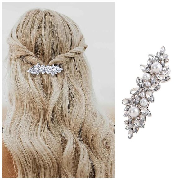 Accessories - Rhinestone Pearl and Crystal Hair Barrette, Vintage Silver Bridal Hair Accessory